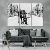 38956835-MGV-CV-36X24-Moose Winter Snowy Forest Canvas Wall Art – Wildlife Nature, Antlers in Frozen Landscape, Quiet Path, Cold Season Outdoors Print