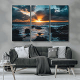 66040852-MGV-CV-36X24-Ocean Sunset Canvas Wall Art – Rocky Shore Waves, Dramatic Clouds, Golden Sun Rays, Coastal Nature, Serene Water Reflection for