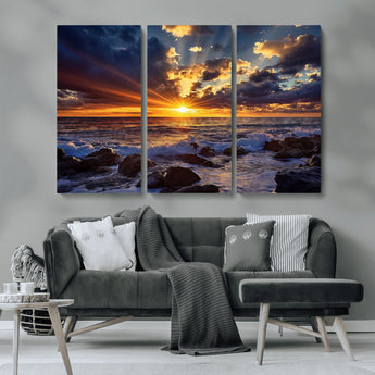 35900590-MGV-CV-36X24-Sunset Ocean Waves Canvas Wall Art – Rocky Shore, Dramatic Sky, Golden Sun Rays, Coastal Beauty, Serene Water Motion for Living