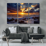 35900590-MGV-CV-36X24-Ocean Sunset Wall Art – Vivid Seascape Canvas Print with Sunburst Sky, Crashing Waves and Rocky Shore, Dramatic Coastal