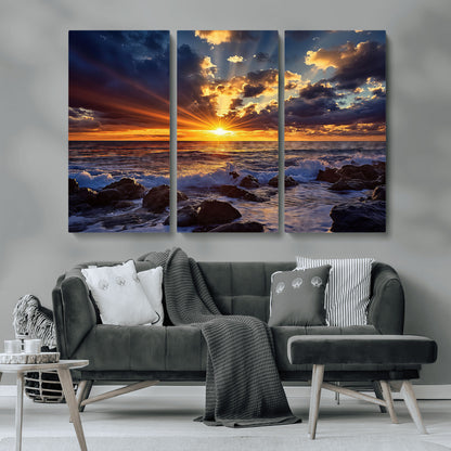 35900590-MGV-CV-36X24-Ocean Sunset Wall Art – Vivid Seascape Canvas Print with Sunburst Sky, Crashing Waves and Rocky Shore, Dramatic Coastal