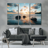 23879436-MGV-CV-36X24-Ocean Sunset Wall Art – Serene Seascape Canvas Print with Golden Sky, Reflections on Sand and Calm Waves, Peaceful Coastal