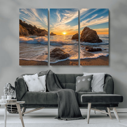 85659923-MGV-CV-36X24-Rocky Ocean Sunset Canvas Wall Art – Seaside Dramatic Seascape Print, Coastal Modern Decor, Ocean Sunset Art for Living Room or