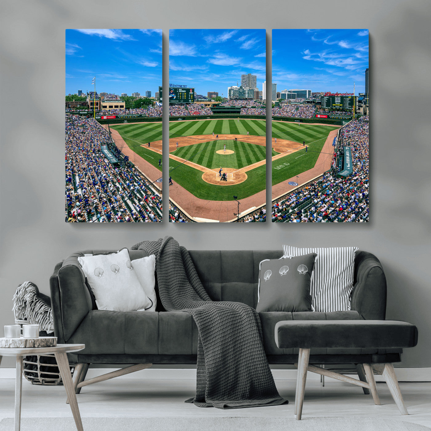 35800083-MGV-CV-36X24-Wrigley Field Baseball Stadium Canvas Wall Art – Packed Crowd Sports Stadium Print, City Skyline Baseball Field Canvas for Game