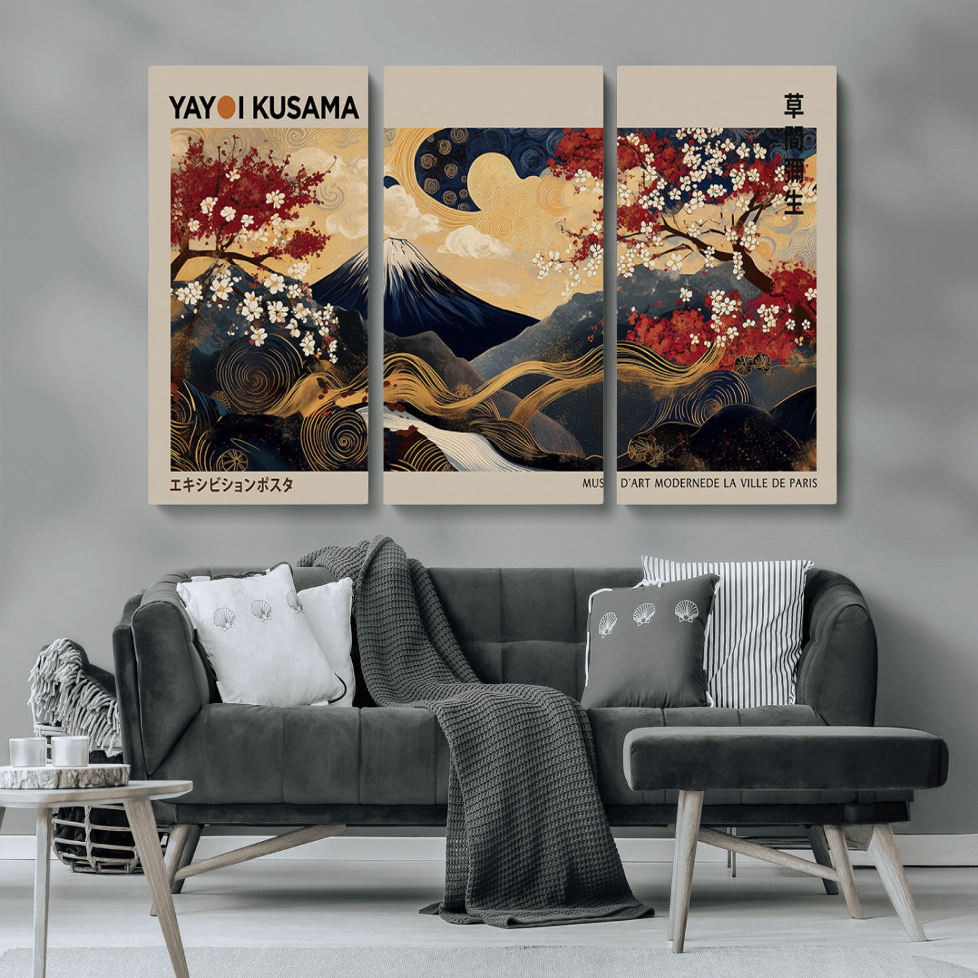 66892669-MGV-CV-36X24-Japanese Landscape Wall Art – Mount Fuji Canvas Print with Cherry Blossoms and Golden Waves, Traditional Asian Inspired Artwork