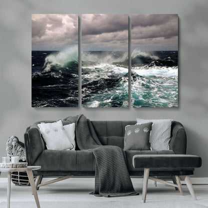 38622353-MGV-CV-36X24-Ocean Wave Wall Art – Dramatic Seascape Canvas Print with Stormy Sky and Crashing Sea, Bold Coastal Photography for Living Room,