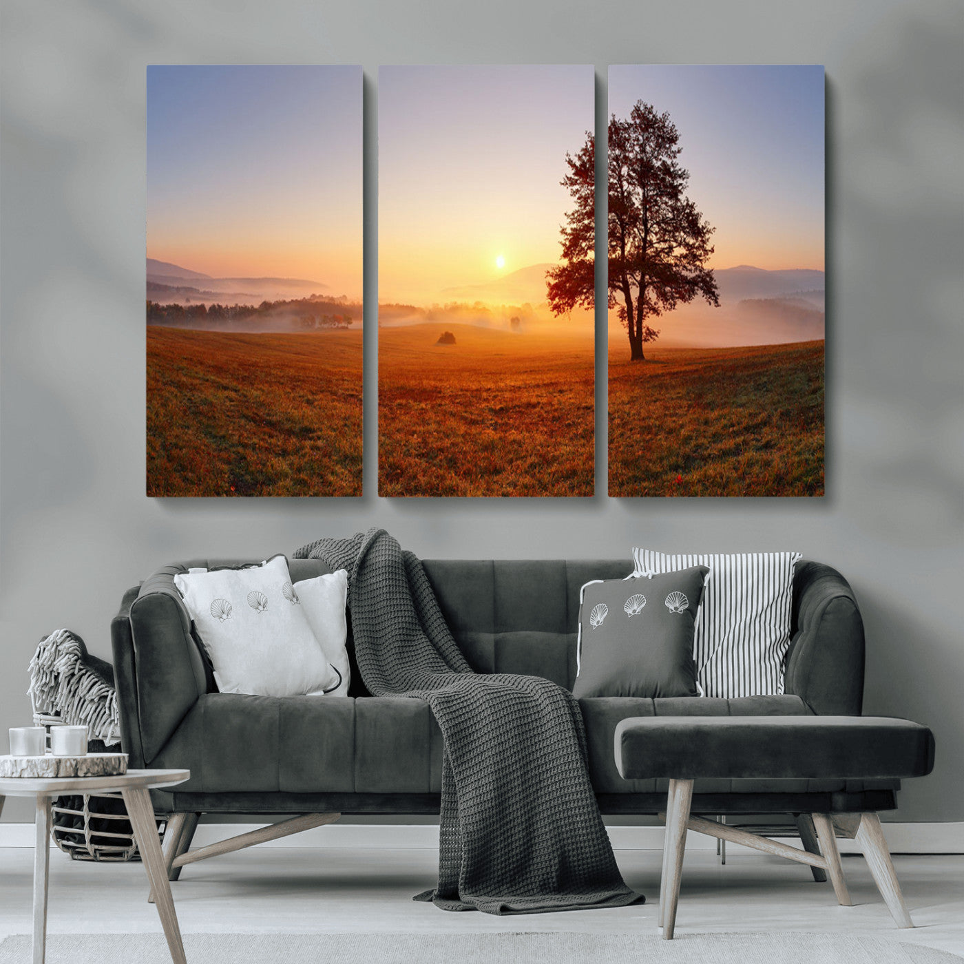 57919623-MGV-CV-36X24-Golden Sunrise Landscape Canvas Wall Art - Framed Misty Field Print, Large Nature Canvas for Living Room, Office, or Home Decor