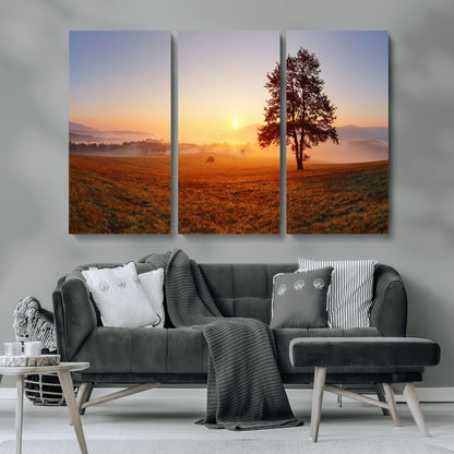 57919623-MGV-CV-36X24-Golden Sunrise Landscape Canvas Wall Art - Framed Misty Field Print, Large Nature Canvas for Living Room, Office, or Home Decor