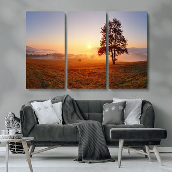 57919623-MGV-CV-36X24-Sunrise Landscape Wall Art – Golden Morning Canvas Print with Tree, Misty Hills and Open Field, Peaceful Nature Photography for