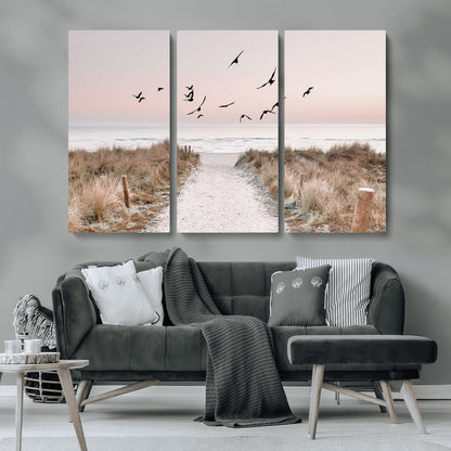 34632598-MGV-CV-36X24-Coastal Pathway Canvas Wall Art – Framed Seaside Landscape, Large Beach and Birds Canvas Print for Home, Office, or Living Room