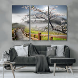 34632598CRY-MGV-CV-36X24-Cherry Blossom Wall Art – Scenic Asian Landscape Canvas Print with Wooden Walkway, Misty Mountains and Sunrise, Serene Nature
