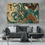 46837670-MGV-CV-36X24-Tsukioka Yoshitoshi Samurai Wall Art Print, Japanese Katana Warrior Canvas Wall Art, Octopus Sea Monster Canvas Print,