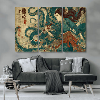 46837670-MGV-CV-36X24-Tsukioka Yoshitoshi Samurai Wall Art Print, Japanese Katana Warrior Canvas Wall Art, Octopus Sea Monster Canvas Print,