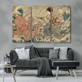 54879547-MGV-CV-36X24-Tsukioka Yoshitoshi Samurai Wall Art Print, Japanese Katana Warrior Canvas Wall Art, Octopus Sea Monster Canvas Print,