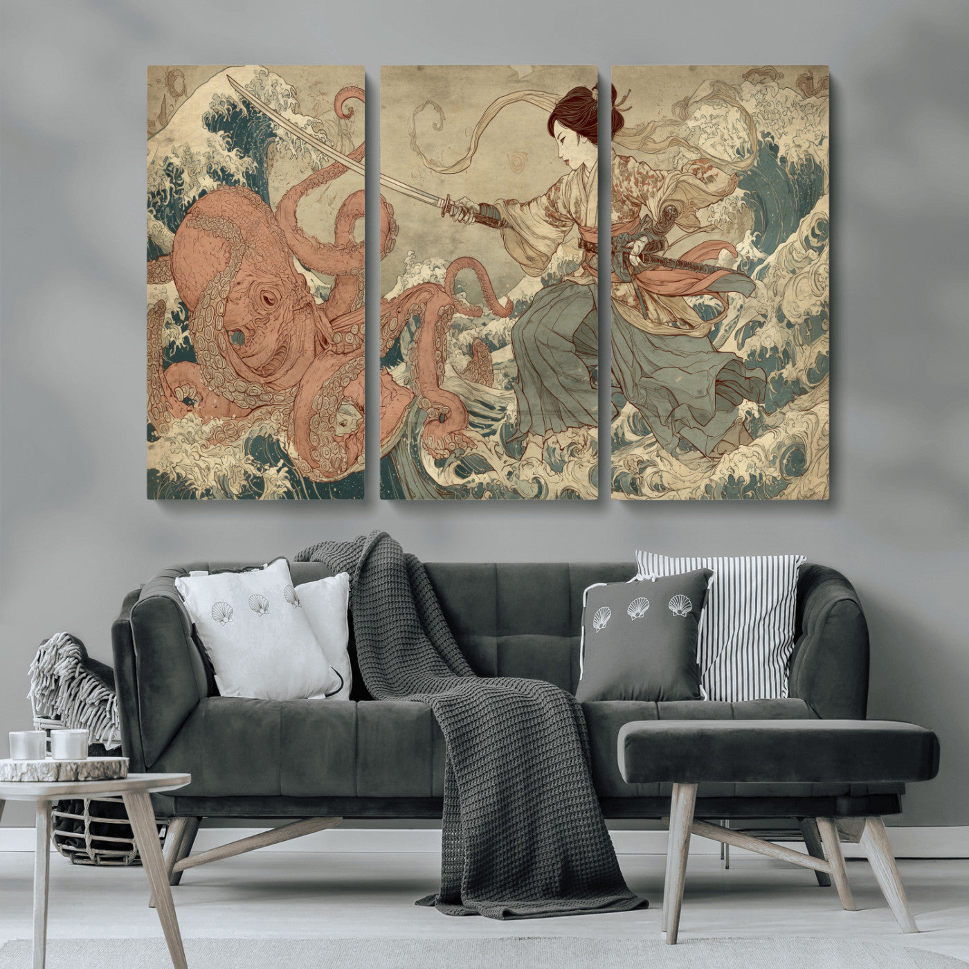 54879547-MGV-CV-36X24-Tsukioka Yoshitoshi Samurai Wall Art Print, Japanese Katana Warrior Canvas Wall Art, Octopus Sea Monster Canvas Print,