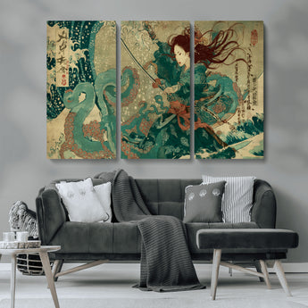 86918027-MGV-CV-36X24-Tsukioka Yoshitoshi Samurai Wall Art Print, Japanese Katana Warrior Canvas Wall Art, Octopus Sea Monster Canvas Print,