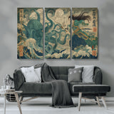 60346622-MGV-CV-36X24-Samurai Warrior vs Octopus Wall Art – Japanese Ukiyo-e Style Ocean Battle Canvas Print, Traditional Samurai Artwork for Living