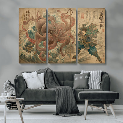 63782167-MGV-CV-36X24-Tsukioka Yoshitoshi Samurai Wall Art Print, Japanese Katana Warrior Canvas Wall Art, Octopus Sea Monster Canvas Print,