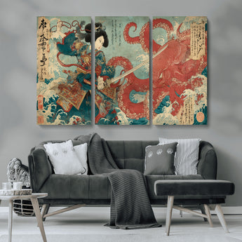 68844327-MGV-CV-36X24-Tsukioka Yoshitoshi Samurai Wall Art Print, Japanese Katana Warrior Canvas Wall Art, Octopus Sea Monster Canvas Print,
