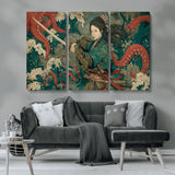 35461724-MGV-CV-36X24-Samurai Woman vs Octopus Wall Art – Japanese Ukiyo-e Ocean Waves Canvas Print, Red Tentacle Battle Artwork for Living Room,