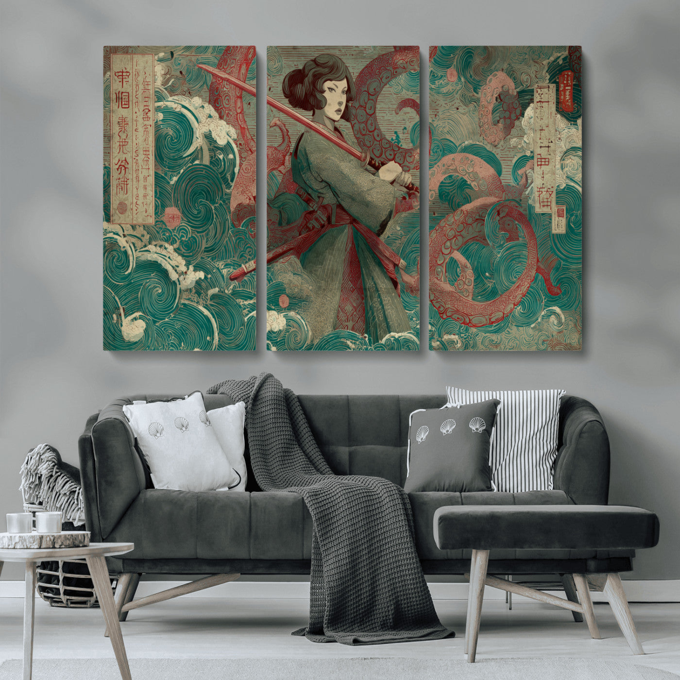 91666601-MGV-CV-36X24-Samurai Woman vs Octopus Wall Art – Japanese Ukiyo-e Green Robe Canvas Print, Ocean Battle Artwork for Living Room, Office, Man