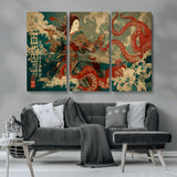 60201267-MGV-CV-36X24-Samurai Woman vs Octopus Wall Art – Japanese Ukiyo-e Armor Canvas Print, Red Tentacle Ocean Battle Artwork for Living Room,