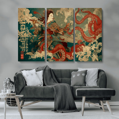 60201267-MGV-CV-36X24-Samurai Woman vs Octopus Wall Art – Japanese Ukiyo-e Armor Canvas Print, Red Tentacle Ocean Battle Artwork for Living Room,