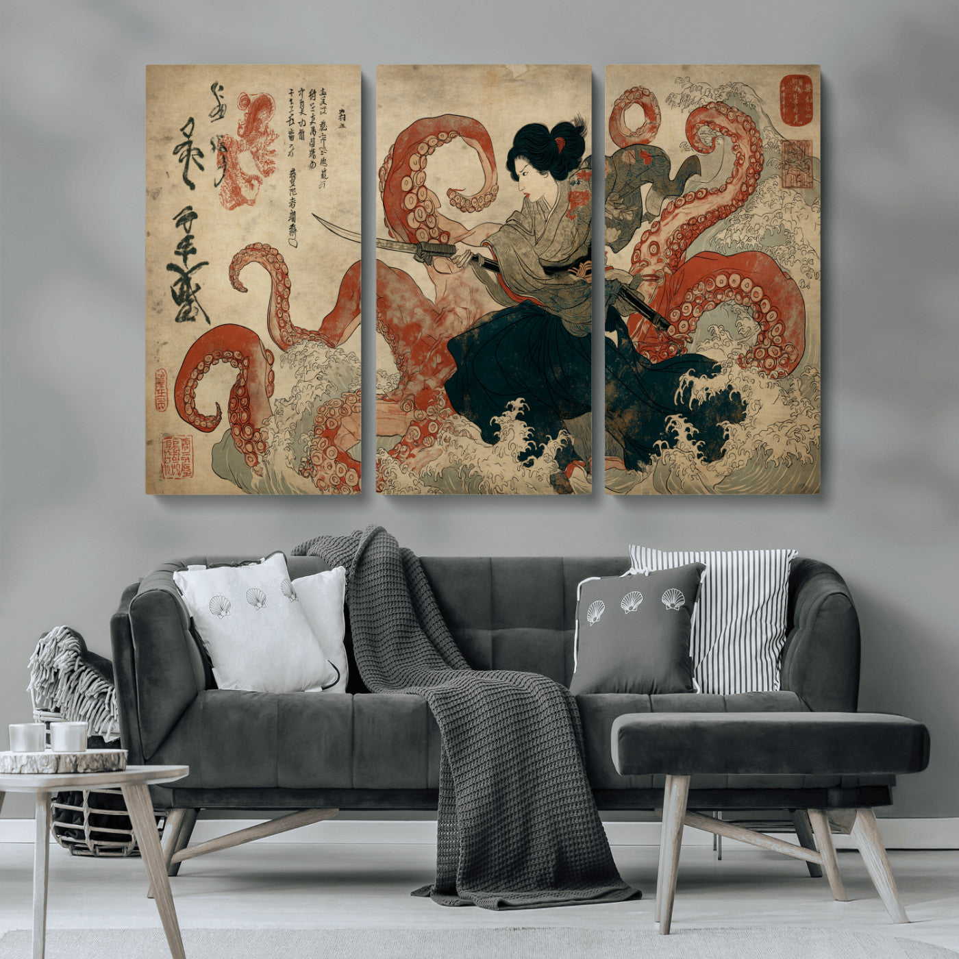 82737246-MGV-CV-36X24-Samurai Woman vs Octopus Wall Art – Japanese Ukiyo-e Dual Sword Canvas Print, Red Tentacle Ocean Battle Artwork for Living Room,