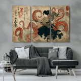 82737246-MGV-CV-36X24-Samurai Woman vs Octopus Wall Art – Japanese Ukiyo-e Dual Sword Canvas Print, Red Tentacle Ocean Battle Artwork for Living Room,