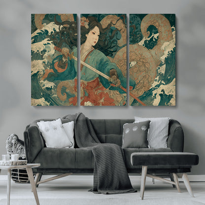 79740258-MGV-CV-36X24-Samurai Woman vs Octopus Wall Art – Japanese Ukiyo-e Blue Kimono Canvas Print, Ocean Battle Artwork for Living Room, Office, Man
