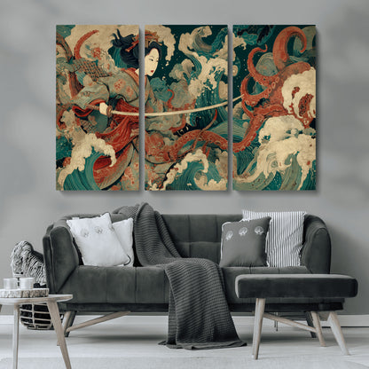 30212982-MGV-CV-36X24-Samurai Woman vs Octopus Wall Art – Japanese Ukiyo-e Style Warrior and Sea Monster Canvas Print, Mythology Inspired Artwork for
