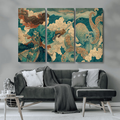 99764195-MGV-CV-36X24-Samurai vs Octopus Wall Art – Japanese Ukiyo-e Style Warrior and Sea Monster Canvas Print, Mythology Inspired Artwork for Living