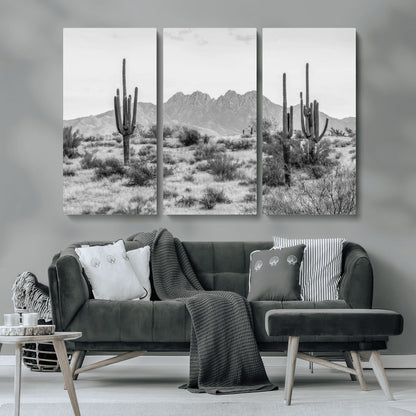97436PHN-MGV-CV-36X24-Desert Landscape Wall Art – Black and White Cactus and Mountain Canvas Print, Southwestern Nature Photography for Living Room,