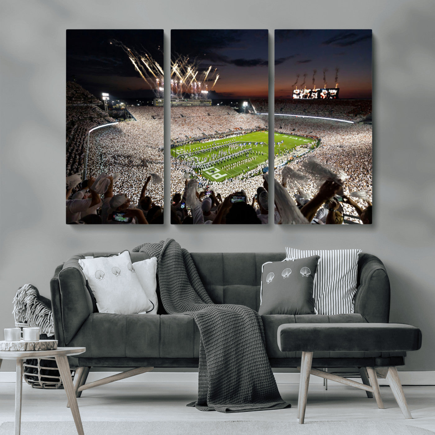 Penn-MGV-CV-36X24-Football Stadium Wall Art – Panoramic Night Game Canvas Print, Packed Crowd with Fireworks, Sports Decor for Office, Man Cave, Bar