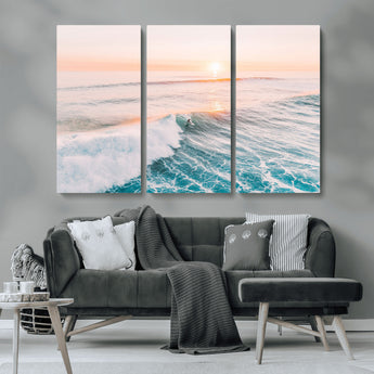 34064591-MGV-CV-36X24-Surfing Wall Art – Sunset Ocean Wave Canvas Print, Surfer Riding Sea Photography Decor for Bedroom, Living Room, Office, Coastal