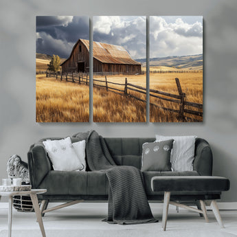 23718739-MGV-CV-36X24-Farmhouse Wall Art – Rustic Barn and Golden Wheat Field Canvas Print, Country Landscape Photography Decor for Bedroom, Living