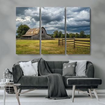 39409517-MGV-CV-36X24-Rustic Barn Wall Art – Weathered Farmhouse and Storm Clouds Canvas Print, Country Landscape Photography Decor for Bedroom, Living