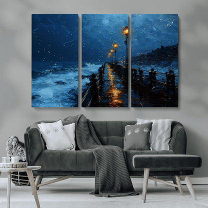 48300530-MGV-CV-36X24-Dark Stormy Pier Canvas Wall Art – Moody Ocean Night Scene with Street Lamps, Blue Coastal Seascape Print for Bedroom, Office, or