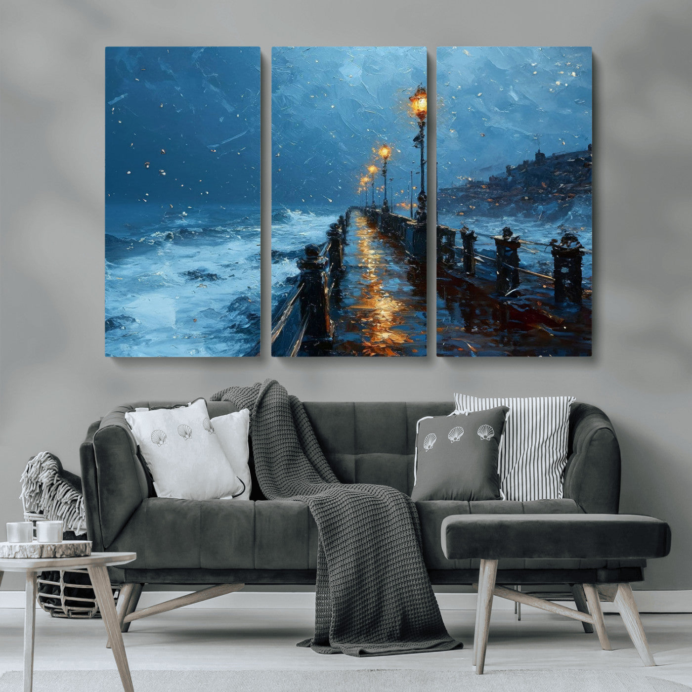 93793246-MGV-CV-36X24-Stormy Night Pier Canvas Wall Art – Moody Ocean Landscape with Lights, Blue Coastal Seascape Print for Bedroom, Living Room,