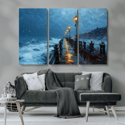 93793246-MGV-CV-36X24-Stormy Night Pier Canvas Wall Art – Moody Ocean Landscape with Lights, Blue Coastal Seascape Print for Bedroom, Living Room,