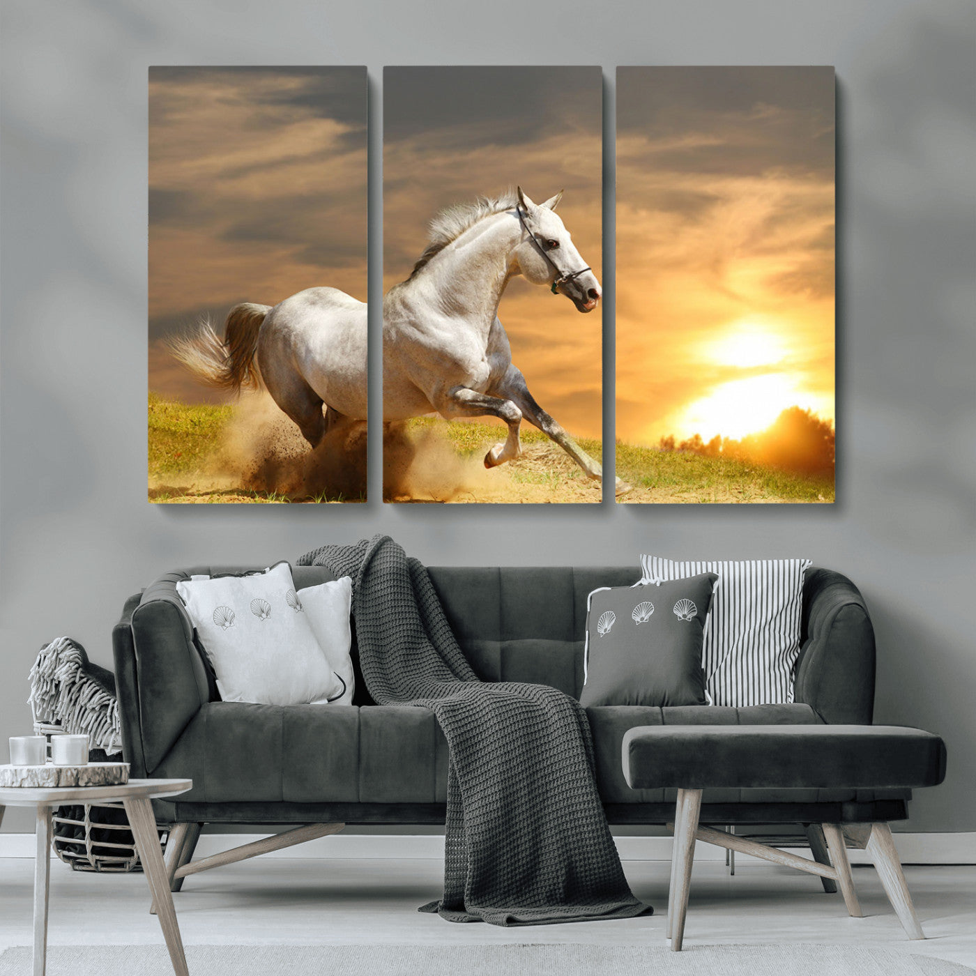 67478480-MGV-CV-36X24-White Horse Running at Sunset Wall Art – Majestic Equestrian Photography Print, Rustic Farmhouse Decor, Golden Sky Horse Lover
