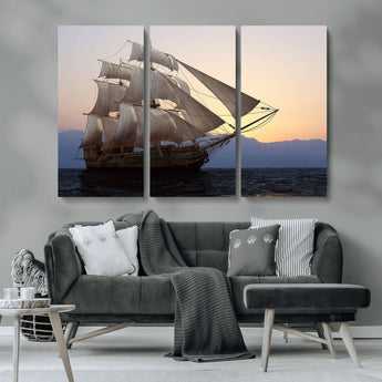 99957679-MGV-CV-36X24-Majestic Sailing Ship Wall Art – Sunset Ocean Voyage, Classic Tall Ship with Wind Filled Sails Canvas Print for Home, Office,