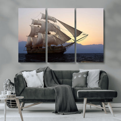 99957679-MGV-CV-36X24-Majestic Sailing Ship Wall Art – Sunset Ocean Voyage, Classic Tall Ship with Wind Filled Sails Canvas Print for Home, Office,