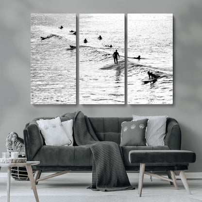 68018616-MGV-CV-36X24-Black and White Surf Photography Print – Minimalist Ocean Wall Art, Surfers Riding Waves, Coastal Beach Decor for Modern Home or