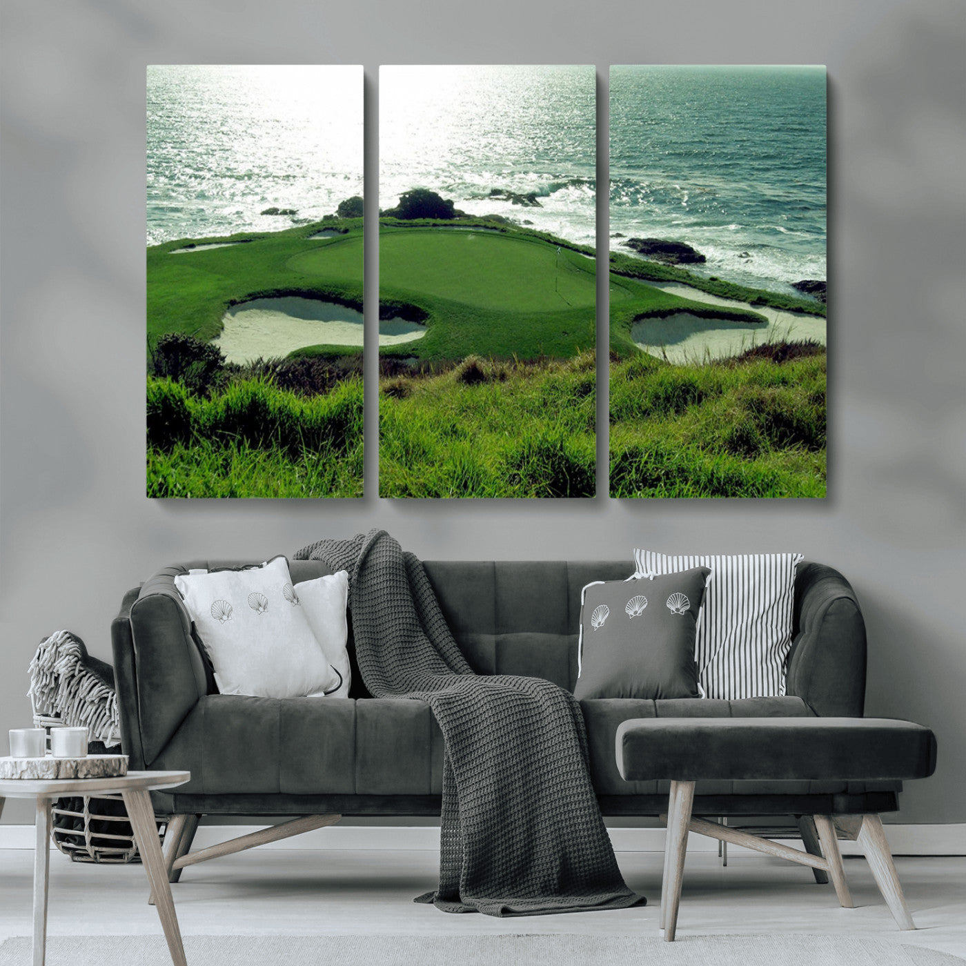 48473947-MGV-CV-48X32-3P-Ocean Golf Course Wall Art – Panoramic Green Fairway Canvas Print, Coastal Golf Landscape Photography Sports Decor for Office, Man