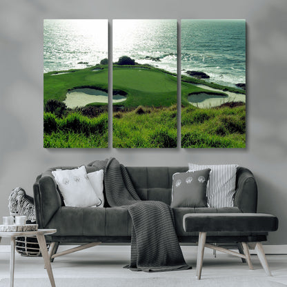 48473947-MGV-CV-48X32-3P-Ocean Golf Course Wall Art – Panoramic Green Fairway Canvas Print, Coastal Golf Landscape Photography Sports Decor for Office, Man