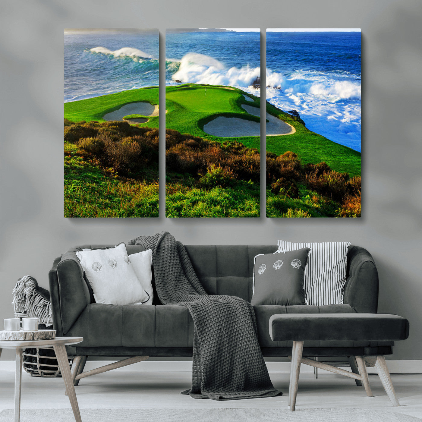 34181847-MGV-CV-36X24-Coastal Golf Course Wall Art – Panoramic Ocean Fairway Canvas Print, Scenic Sports Photography Decor for Office, Man Cave, Living