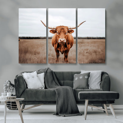 16316734-MGV-CV-36X24-Texas Longhorn Wall Art – Rustic Bull Portrait Canvas Print, Western Farmhouse Animal Photography Decor for Living Room, Office,