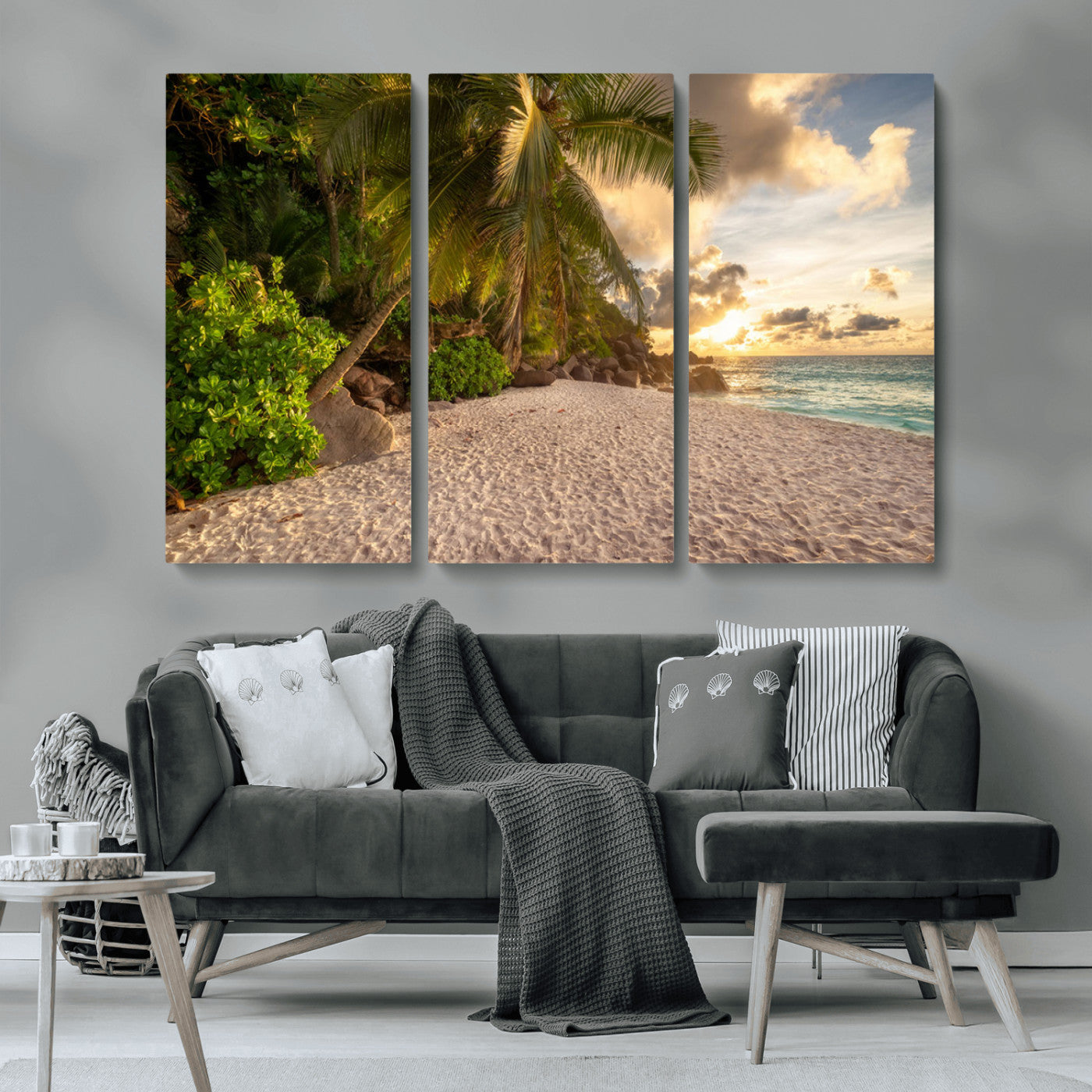 89531159-MGV-CV-36X24-Tropical Beach Sunset Canvas Wall Art – Palm Trees Golden Sand Ocean Waves Coastal Paradise Print for Beach House Bedroom Bathroom