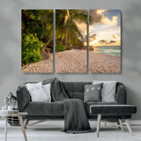 89531159-MGV-CV-36X24-Tropical Beach Sunset Canvas Wall Art – Palm Trees Golden Sand Ocean Waves Coastal Paradise Print for Beach House Bedroom Bathroom